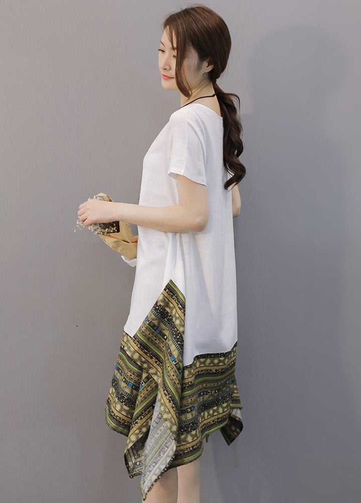 Minibee Women's Ethnic Cotton Linen Short Sleeves Irregular Tunic Dress (M, White) - Image 3
